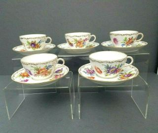 5 Richard Klemm Tea Cup & Saucer Set Dresden Hand Painted Floral Antique 3