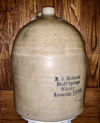 Antique Salt Glazed Stoneware Handled Jug Mj Hickman Bluff Springs Tn Whisky 15”