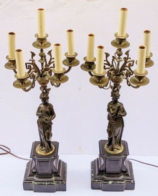 Pair Antique 19th C French Classical Empire Bronze & Marble Candelobra As Lamps