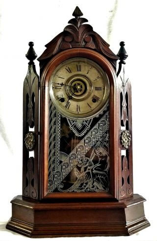 Mantle Clock,  Wm Gilbert Clock Co,  Walnut,  C1880 Moderne Gothic,  Victorian,  22 " T