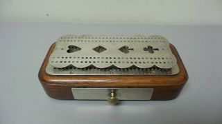Unusual 19th C.  Antique Tooled Brass Double Tier Cribbage Board On Wood Card Box