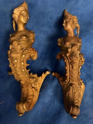 Pr Antique Gilt Bronze Half Nude Figurines Finials