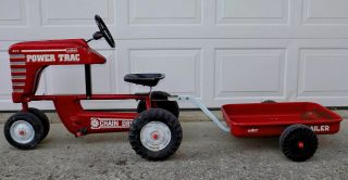Vintage Red Amf 517 Power Trac Pedal Tractor & Wagon Or Trailer Chain Driven