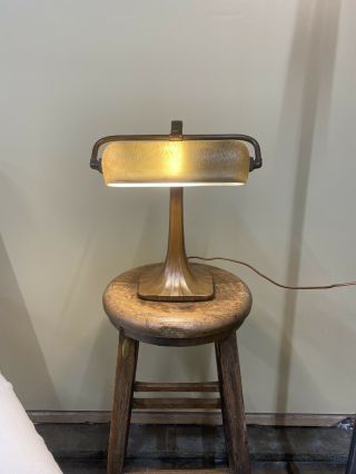 Antique Art Deco Handel Bronze Piano Lamp With Adjustable Mosserine Art Glass Sh