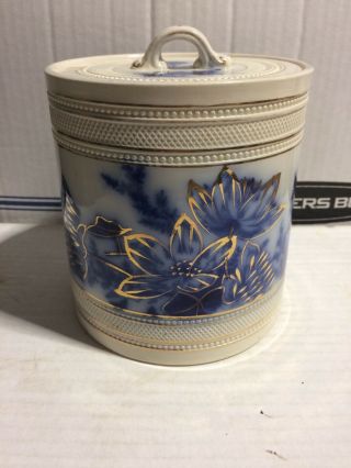 Rare C H & H Anemone Tunstall Pottery Flow Blue & Gold Tobacco Humidor Jar