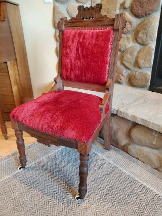 Antique Vintage Ornate Wooden Desk Chair W/ Red Velvet Seat Nail Heads & Rollers