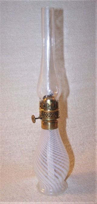 Fine Antique Miniature Oil Lamp - Opalescent Glass - White Swirl - Unusual Form