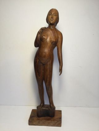 Mid - Century Modern Skillfully Carved Hardwood Nude Girl Figure Sculpture,  13”h