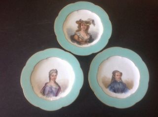 Three Antique French Hand Painted Porcelain Portrait Plates