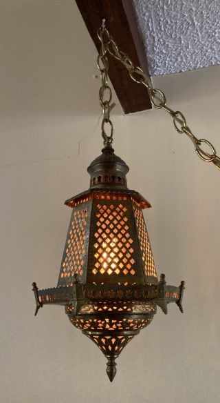 Moroccan Style Pierced Antique Brass Swag Hanging Lamp Light Fixture Vtg