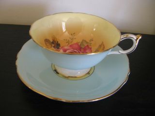 Paragon Light Blue Pink Cabbage Rose Bottom Tea Cup And Saucer