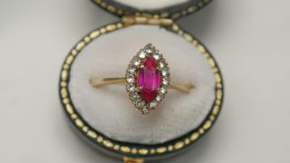 Divine Vintage Antique 9ct English Gold Ruby & Spinnel Marquise Ring Stunner