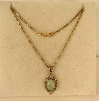 Vintage Ladies 9ct Gold Jadeite & Diamond Pendant 18 " Box Chain Gift 41k