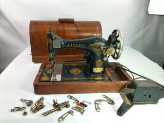 Vintage Singer Portable Electric Sewing Machine W/ Peddle Control Wood Case Key