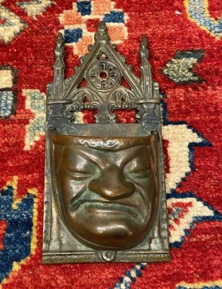 Unusual Antique Victorian Bronze Gothic Wall Pocket Figural Face Match Safe