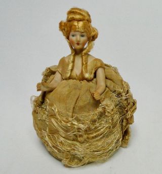 Antique Bisque Half Doll With Wig Pin Cushion 11