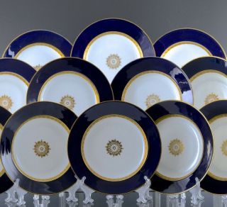 12 Stately Antique Limoges French Porcelain Cobalt Gold Gilt Soup Bowls Plates
