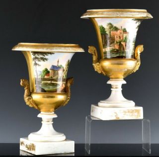Pair 19c Antique French Paris Porcelain Enamel Figural Scenic Urn Vases