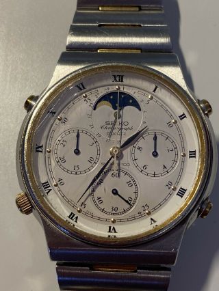 Vintage Seiko Quartz Moon Phase,  Date,  Chronograph Watch 7a48 - 7009 Sports 100 N3
