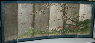 Vintage Japanese Byobu Hand Painted 6 - Panel Folding Screen Floral 18 " X44 " Wall