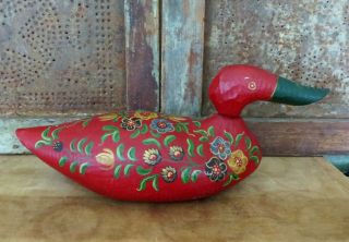 Old Carved Pa Dutch Red Painted Folk Art Wood Duck Decoy Rosemailing