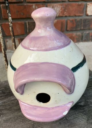 Vintage Pittsburg Pottery Company Birdhouse Kansas Stoneware Crock White Purple