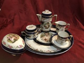 Antique Porcelain Portrait Tea Set Cobalt Blue Ladies Plus Trinket Box
