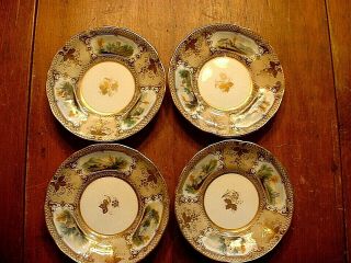 4 Early 19thc Museum Quality Hand Painted Gilded Scenic 5 7/8 " Saucer Plates