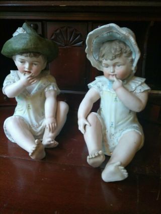 Antique German Bisque Porcelain Piano Baby Set Boy & Girl Large Sized