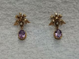 Vintage 14k Gold Pierced Earrings With Amethysts And Small Pearls