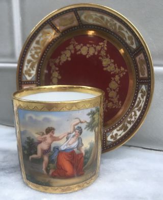 Fine Antique Royal Vienna Porcelain Hand Painted Cup & Saucer Artist Signed