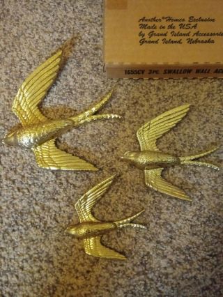 Vintage Homco Home Interior Goldtone Wall Plaques Birds 3 Ps Swallow Nib
