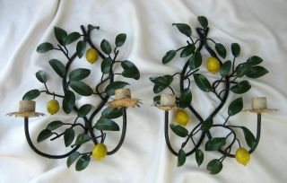 Vintage Italian Toleware Metal Wall Sconces Candle Holders With Lemons