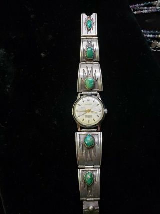 Vintage Old Watchband Hopi Overlay And Turquoise,  Swiss Made Hanover Watch