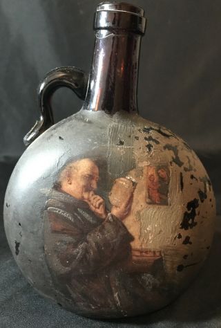 Antique 19th C.  Painted Glass Wine Bottle Monk Jug Art European Rare Nr