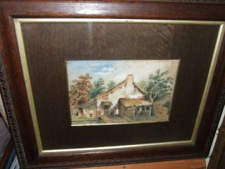 Antique Watercolor Painting Of Cottage & Lady Signed C T 1900 