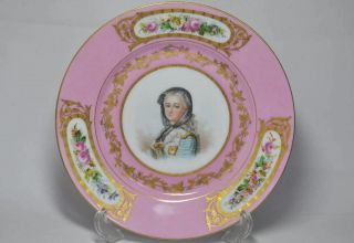 Antique Sevres Style Hand Painted Plate Portrait Of Marie Leczinska