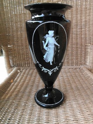 Antique Mary Gregory Black Glass Mantel Vase 10 1/2 " Painted Lady