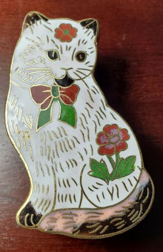 Vintage Chinese Cloisonne Brass Cat Trinket Box,  Very Old 3.  5 " L X 2 " W X 1.  5 " H