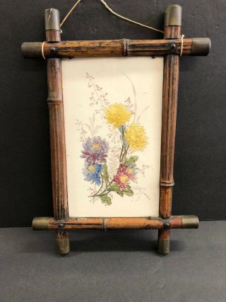 Vintage Antique Victorian Floral Botanical Tile In Bamboo And Brass Frame