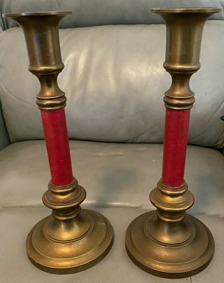 Vintage Set Of 2 Solid Brass Candle Sticks Holders 12 Inches - Made In Hong Kong