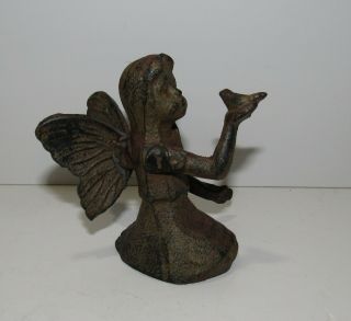 Cast Iron Fairy Figurine Angel Cherub Holding Bird