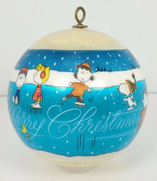 1980 Ambassador Peanuts Snoopy Satin Ball Merry Christmas Ornament Ice Skating