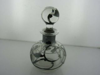 American Glass & Silver Overlay Scent Bottle W Stopper 2.  25 Inches 913200