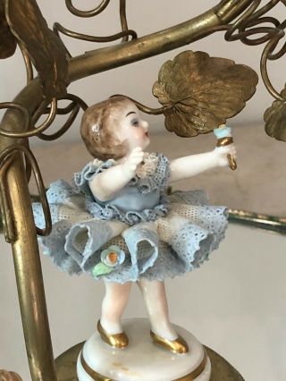 Antique French Gilt Gold Boudoir Lamp With Dresden Lace Figurine Child W Flower