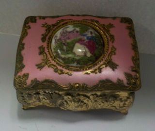 Vintage Victorian Pink & Gold Jewelry Box Trinket Box W/ People & Music Scene