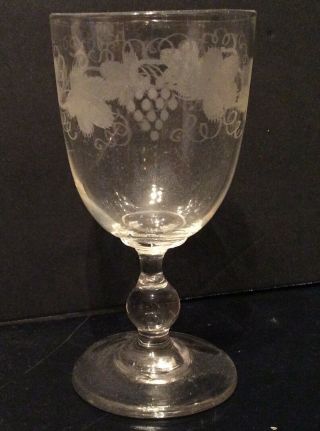 18th Century Hand Blown Wine Glass - Etched Grapes & Leaves