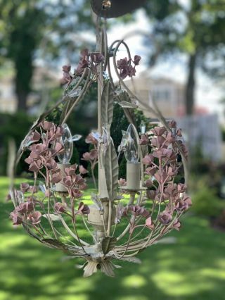 Vintage Italian Tole Metal Painted Flowers 3 Light Chandelier