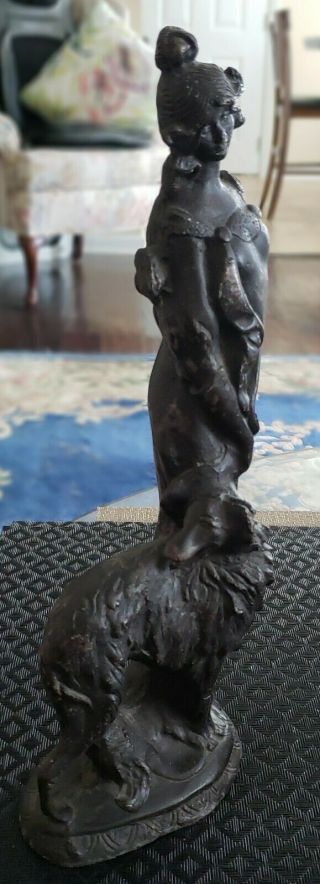 Antique Bronzed Art Deco Sculpture Of Woman And Borzoi