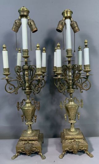 2) Lg Antique Gothic Victorian Brass Claw Foot Figural Lady Bust Candelabra Lamp